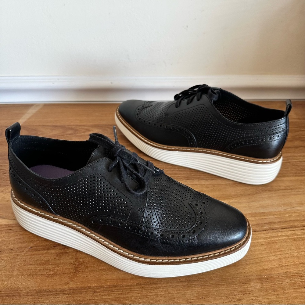 Cole Haan W28349 Women Size 8 Grand Platform Wingtip Oxfords Black Leather